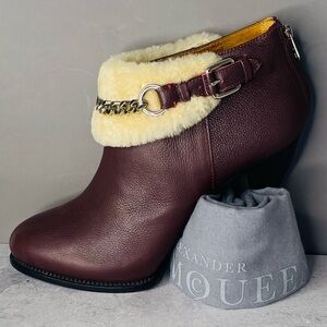Alexander McQueen Burgundy Leather Shearling Trim Ankle Boots. Authentic